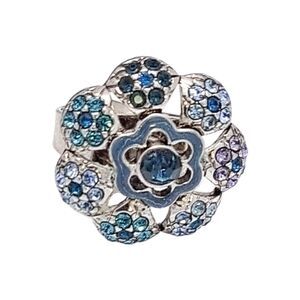Adjustable Blue Floral Crystal Ring | Multitone Blues & Lilac | NWOT